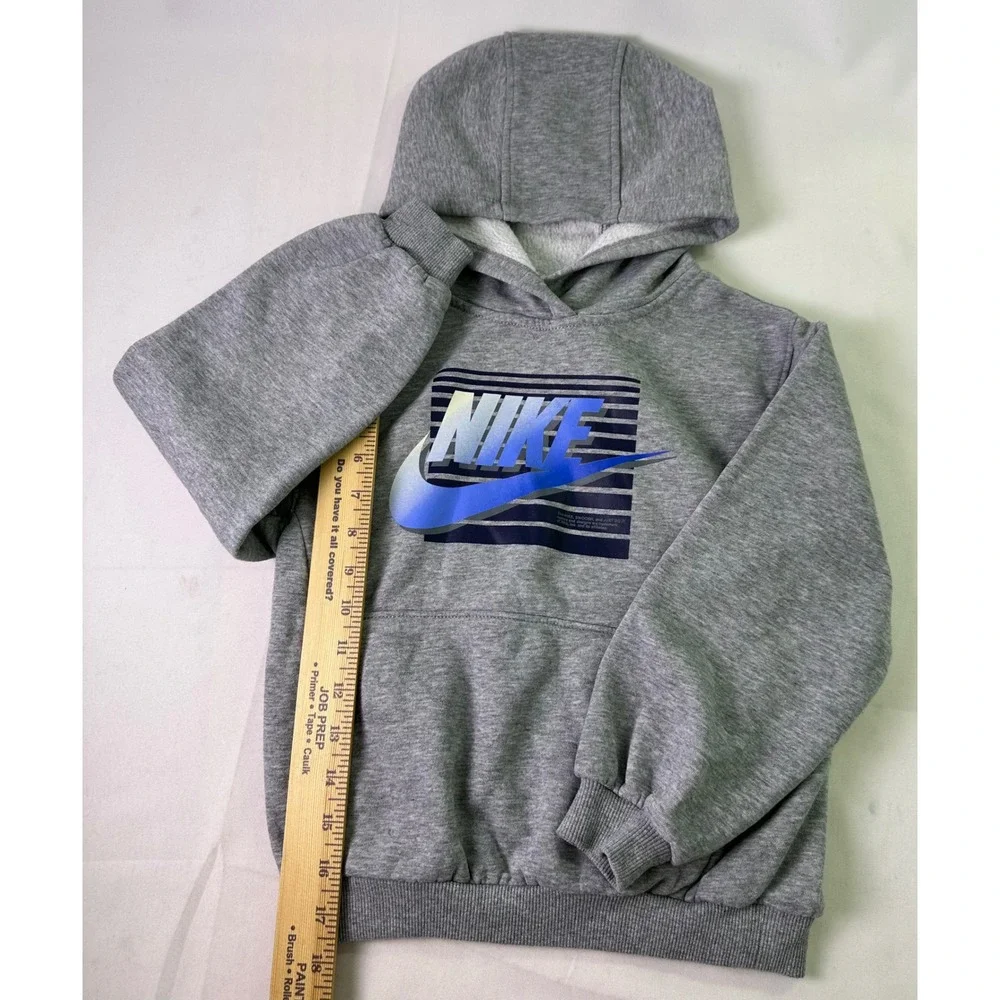 NIKE Pullover Hoodie Boys Grey Heather Blue Striped Swoosh Logo Fleece Size 7 LG